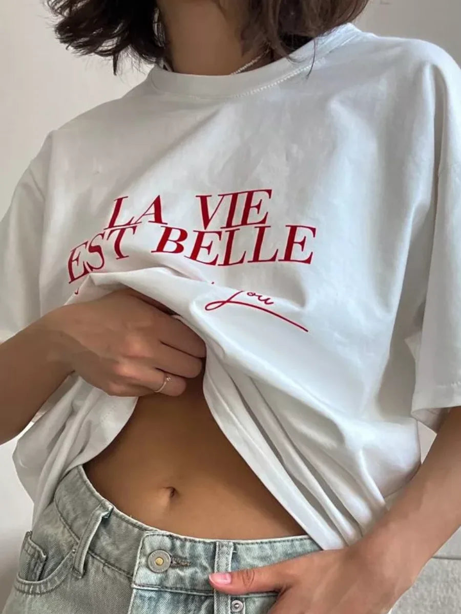 Summer American Ins Mid-length Temperament Printed T-shirt Street