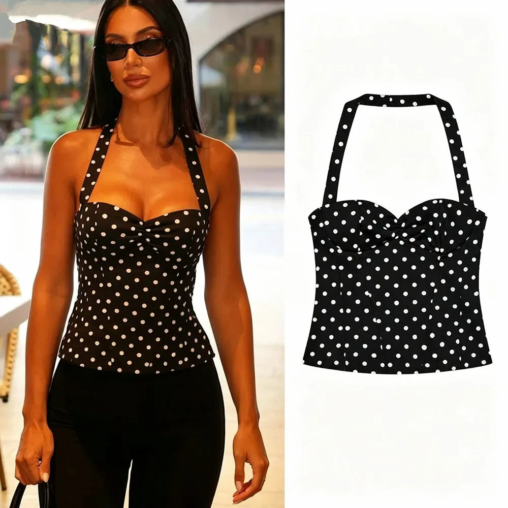 Sexy Halter Crop Tops Women Corset Slim Polka Dot Print Short Tops