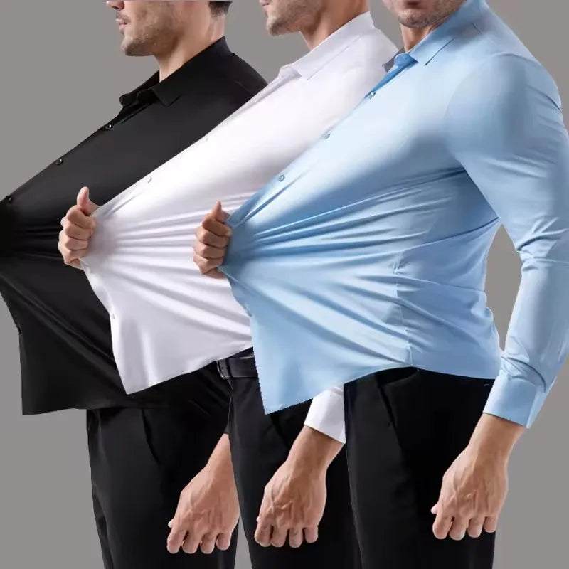 High Stretch Men Business Shirt Long Sleeve Anti-wrinkle Non-ironing