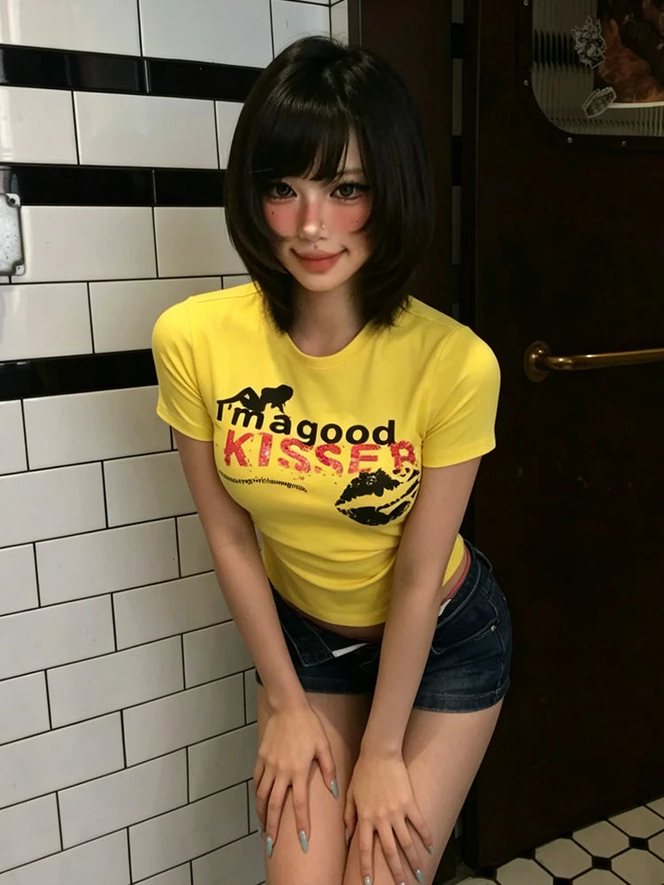 Tonngirls Harajuku Print Graphic Tops Short Sleeve Slim Y2k Vintage
