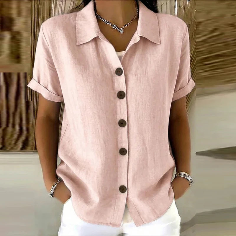 Women's Elegant Summer Cotton Linen Tops Short Sleeve Lapel Button Up