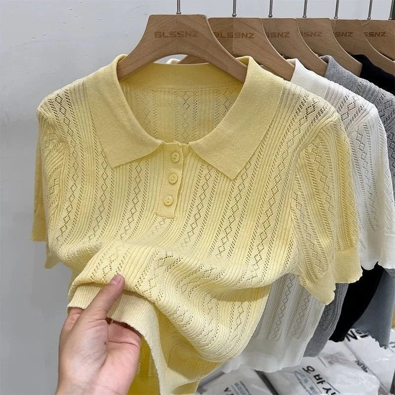 Women's Summer Thin Knit Polo Shirt Hollow-Out Short Sleeve Top