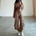 Spring Casual Solid Cotton Linen Suit Summer O Neck Crop Top+Lace-up