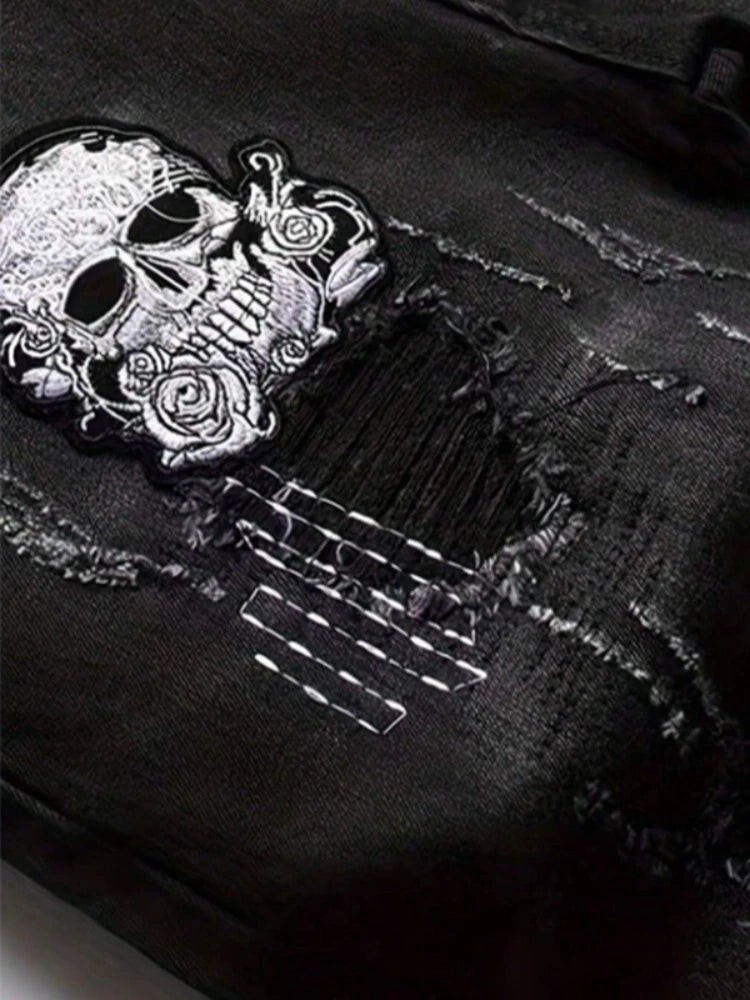 Men's Black Distressed Jeans Skull Patch & Embroidery Letter Print
