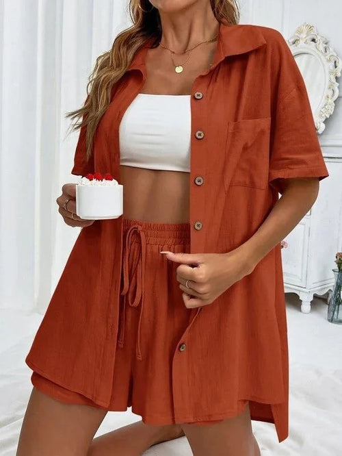 2 Pieces Women Sets Summer Solid Color Short Sleeve Open Stitch Button