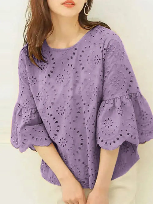 ZANZEA 3/4 Ruffle Sleeve Loose Blusa Women Hollow Out Lace Patchwork
