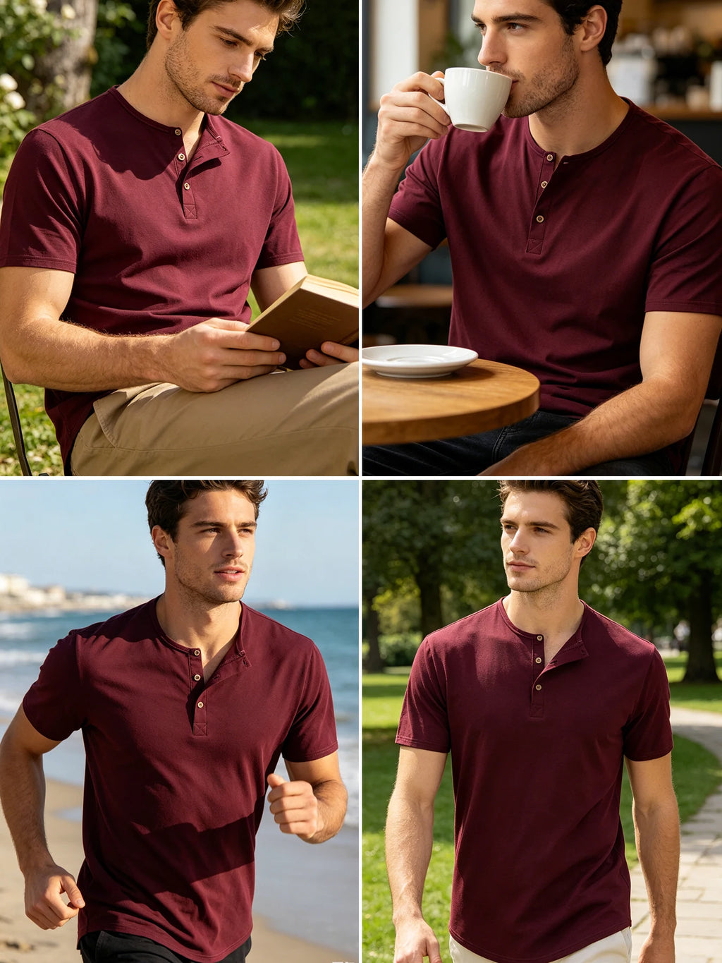 Men Henley Neck Short Sleeve T-Shirt Breathable Lightweight Quick Dry