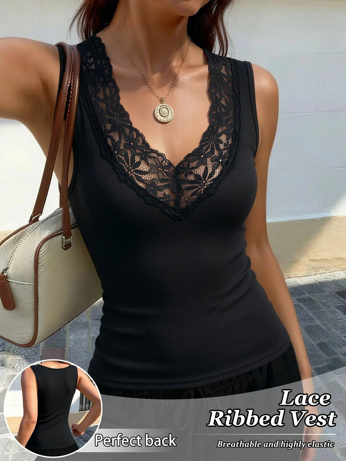 Women Lace V Neck Ribbed Tank Top Sleeveless Solid Color Casual Vest