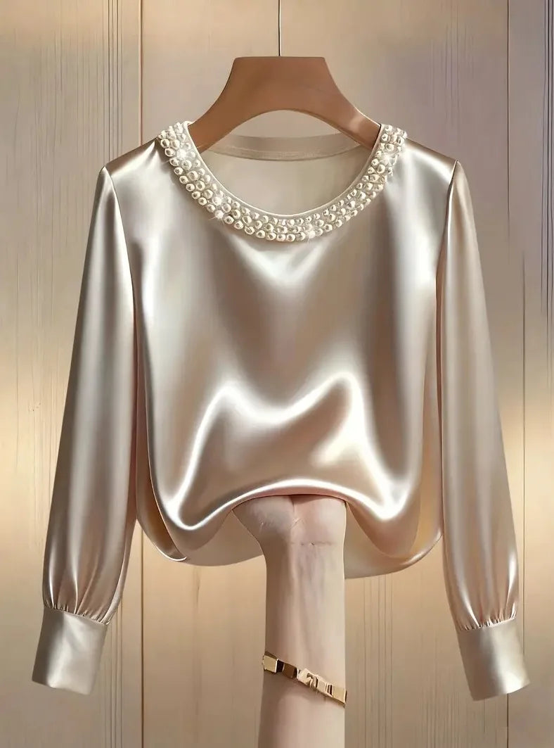 Elegant Satin Shirt Women Spring Autumn Bead Design Long Sleeve Silk