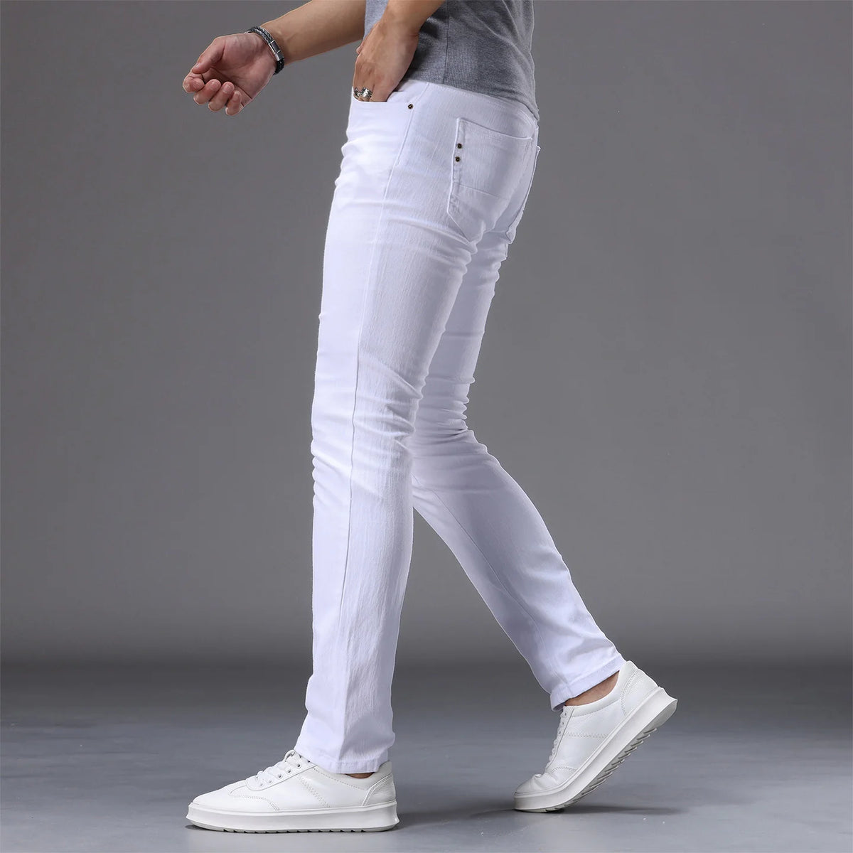 2026 Summer Brand Men's Slim Straight White Jeans Classic Badge Cotton