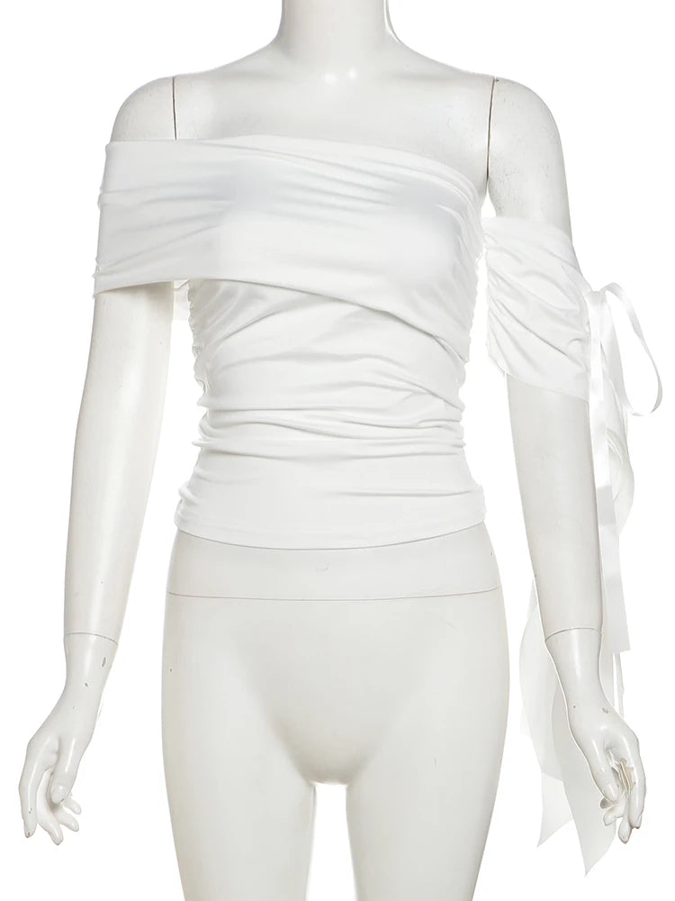 Sisterlinda Ruched Elegant Tank Tops Women 2025 New Trend Bowknot Off
