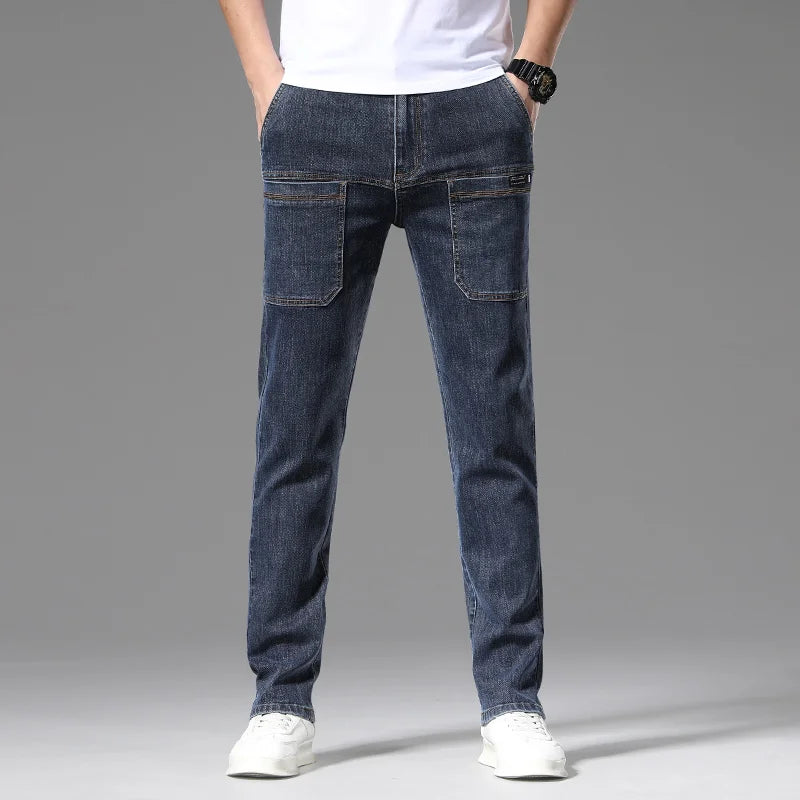 Spring Men's Elastic Jeans Straight Leg Workwear Wide Pockets