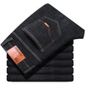 New men's straight leg jeans classic black blue micro elastic casual