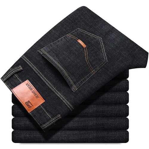 New men's straight leg jeans classic black blue micro elastic casual