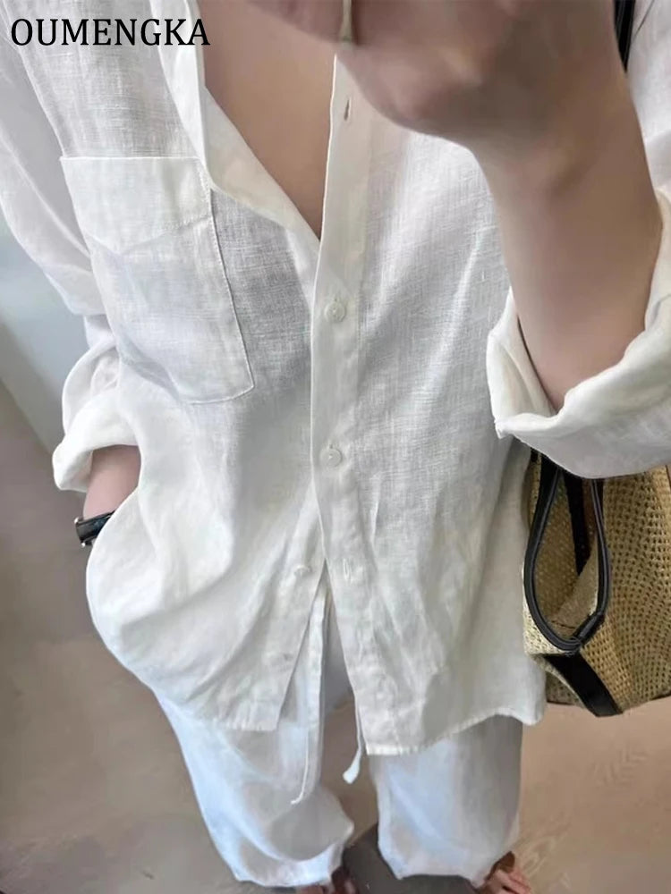 Women Minimalist Loose Tops Fashion Summer Thin Cotton Linen White