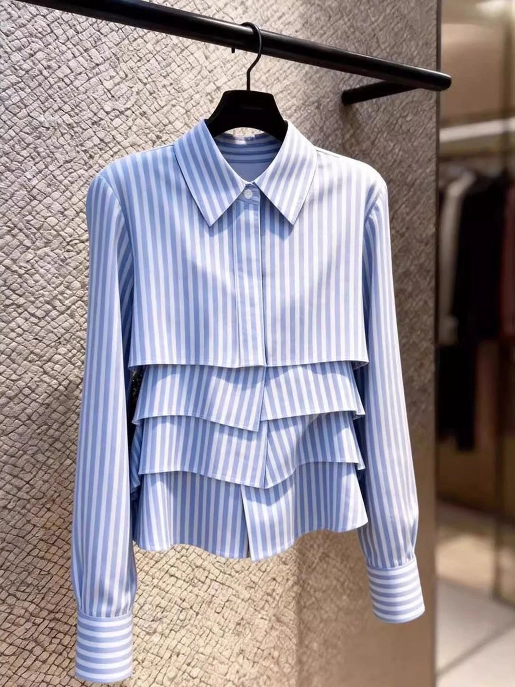 Elegant Tiered Ruffle Striped Blouse - Point Collar Long Sleeve