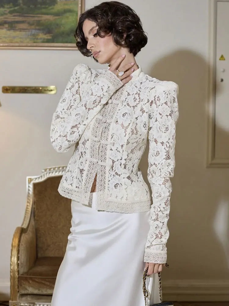 Tossy Summer Lace Printed Shirts Tops Female Hollow Out Fashion