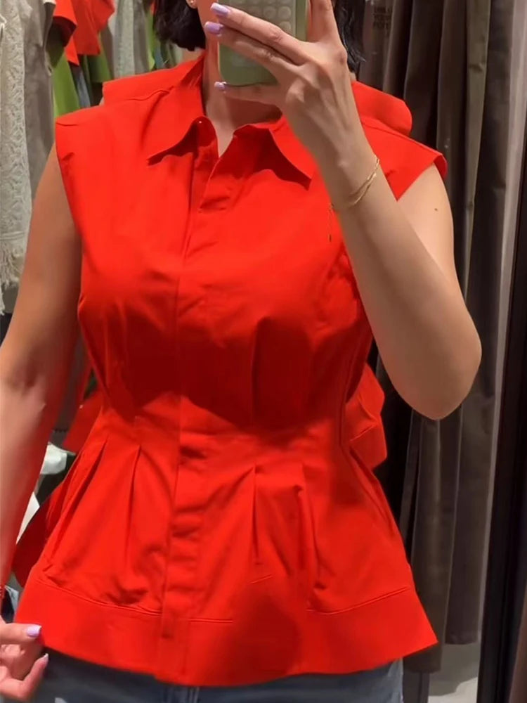 TFMLN Women's Pleated Shirt Spring Summer Vintage Lapel Collar