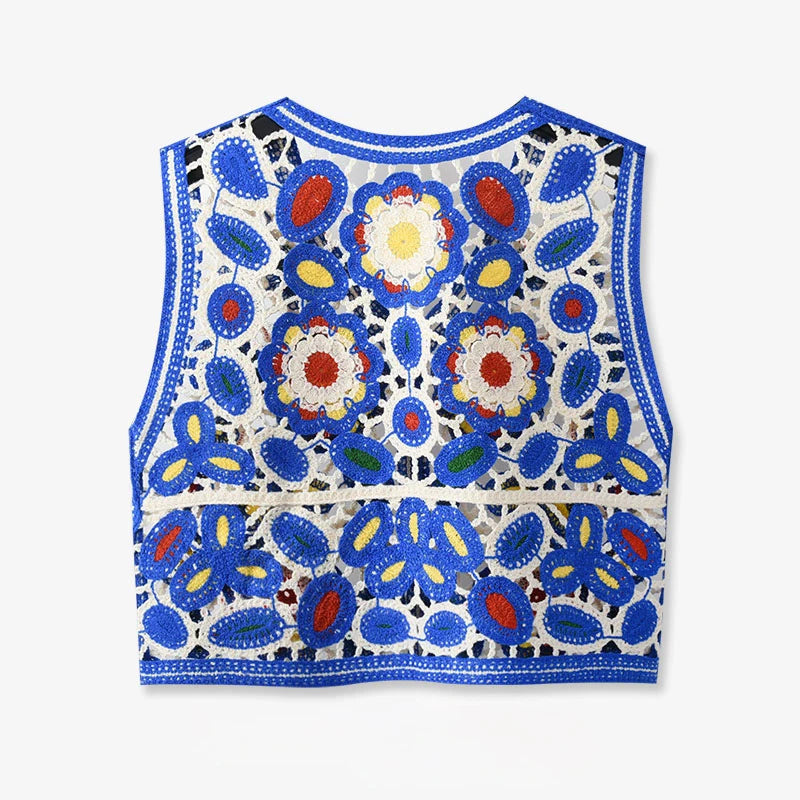 Floral Crochet Vest Top for Women Sleeveless Button Down Open-knit