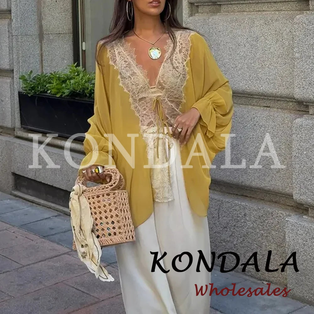 KONDALA Chic Summer Casual Women Lace-up 2026 Loose Patchwork Yellow