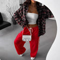 Women's Spring Blouse Jacket Shirt Checkered Short-sleeved Pocket
