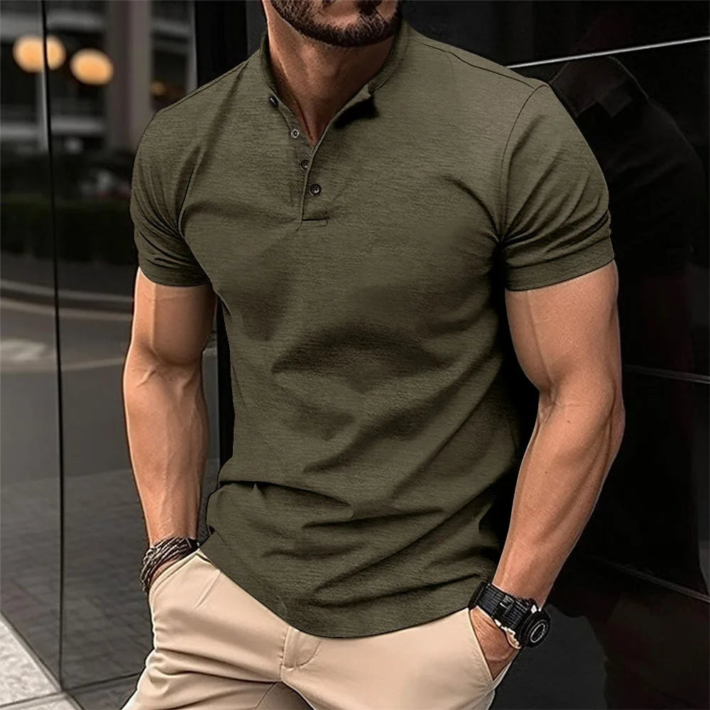 2026 New Summer Men Henley Collar T-shirts Button Slim Casual Male