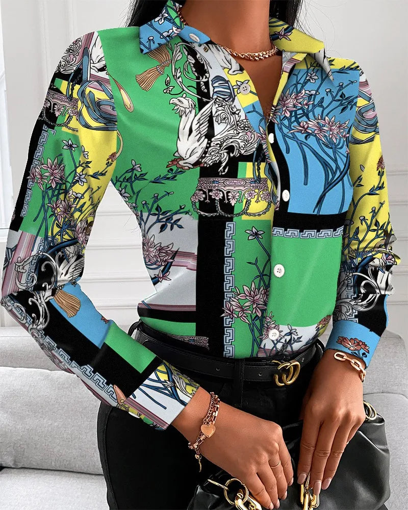 Women Fashion Wild Shirts Chain/Floral/Letter/Geometric Square Print