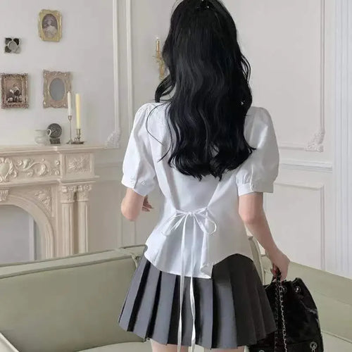 Preppy Bandage Basic White Shirt Women Slim Long Sleeve Cute Top