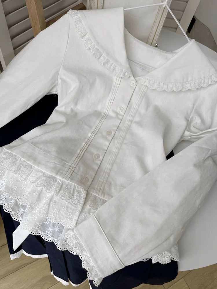 Slim Women Sweet White Shirt Spring Back Lace Up Cute Long Sleeve