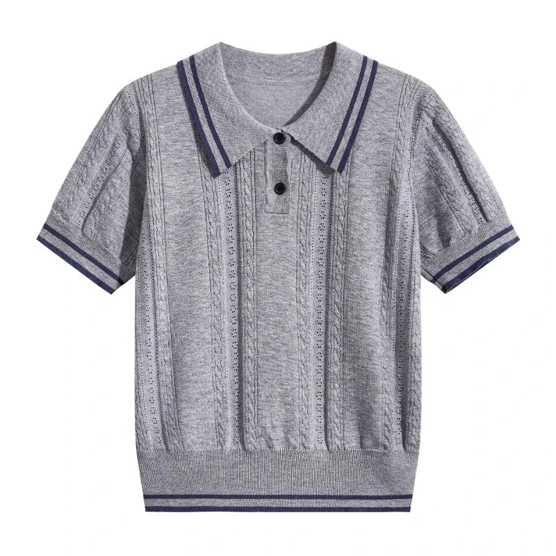 Short Sleeve Knit Polo Sweater Pointelle Cable Knit Crop Tops Shirts
