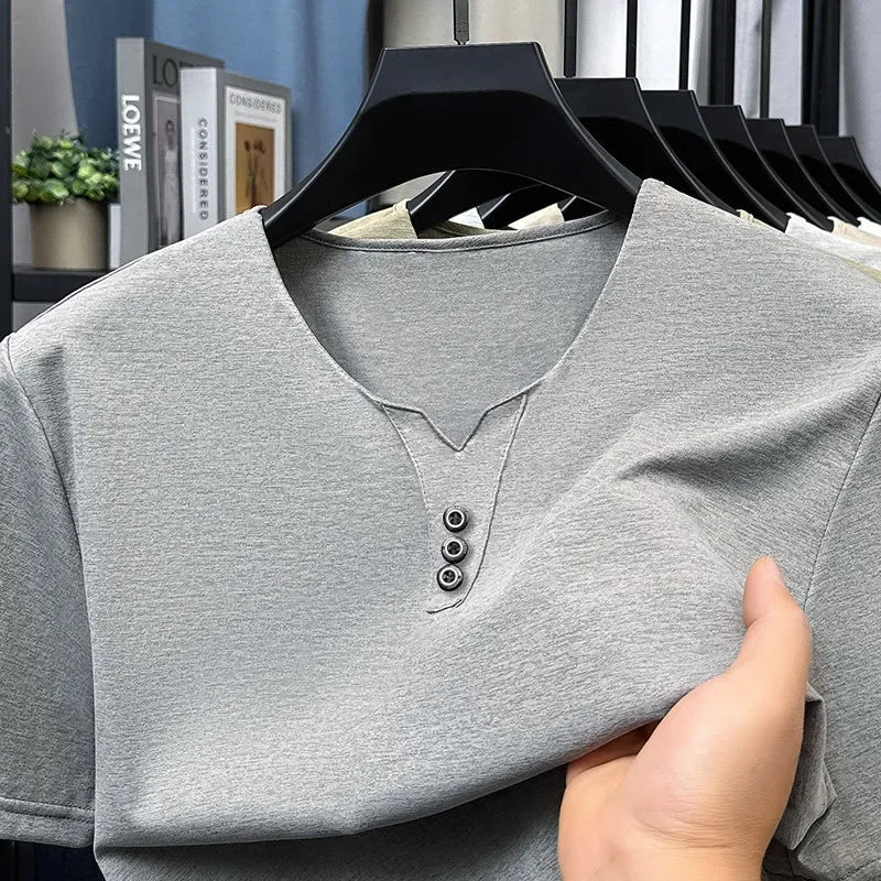 2026 New Men's Business Casual Three Button V-neck Short Sleeved