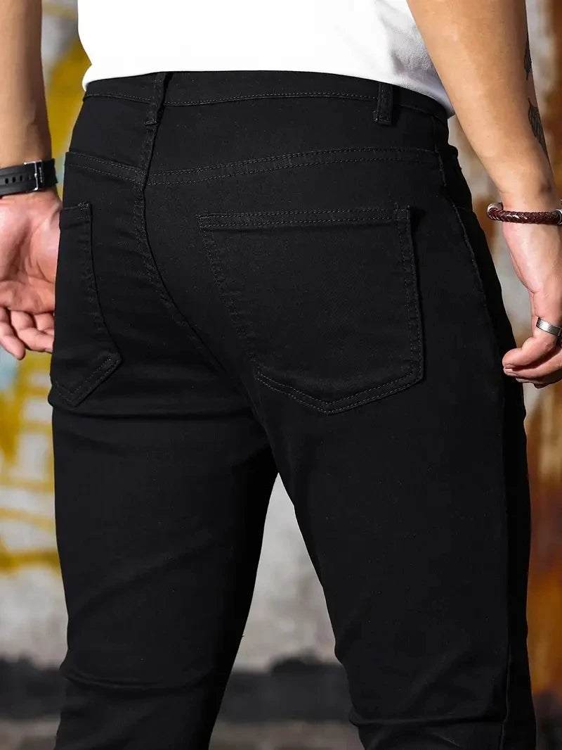 Men Jeans Skyblue Black Zipper Stretch Jeans Casual Slim Fit Trousers