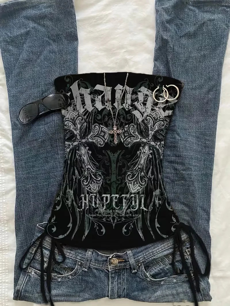 Cropped Top, Women's Vintage Music Note & Letter Print Sleeveless Top