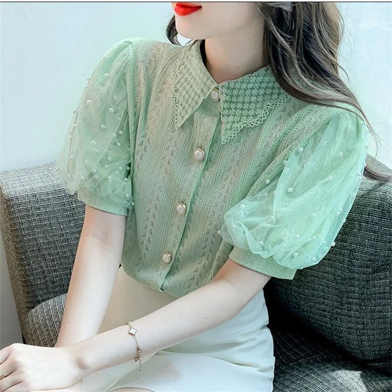 Women Spring Summer Style Lace Blouses Shirts Lady Casual Short Puff