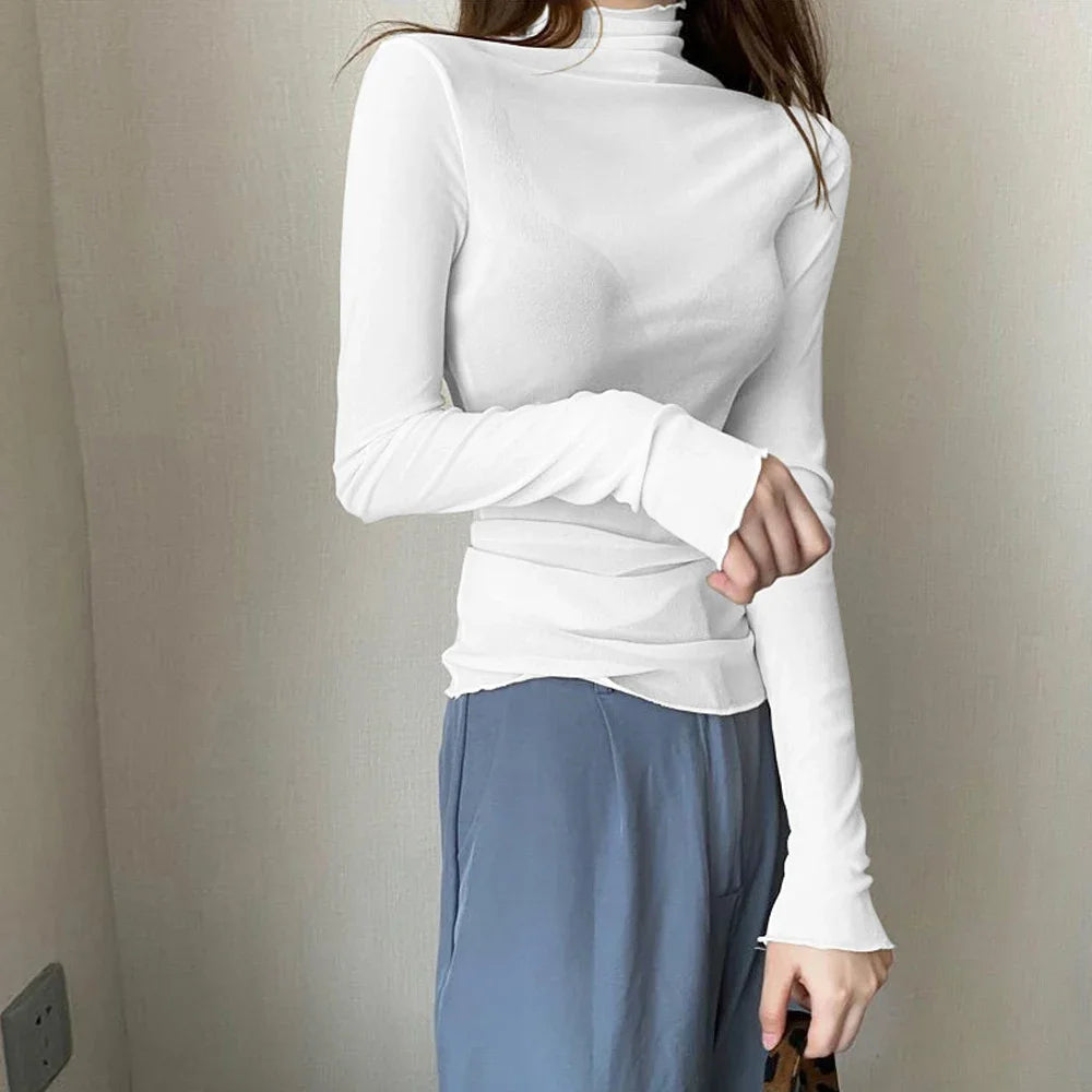 Women Blouses Ladies Party Female Bottoming Tops High Neck Long Sleeve