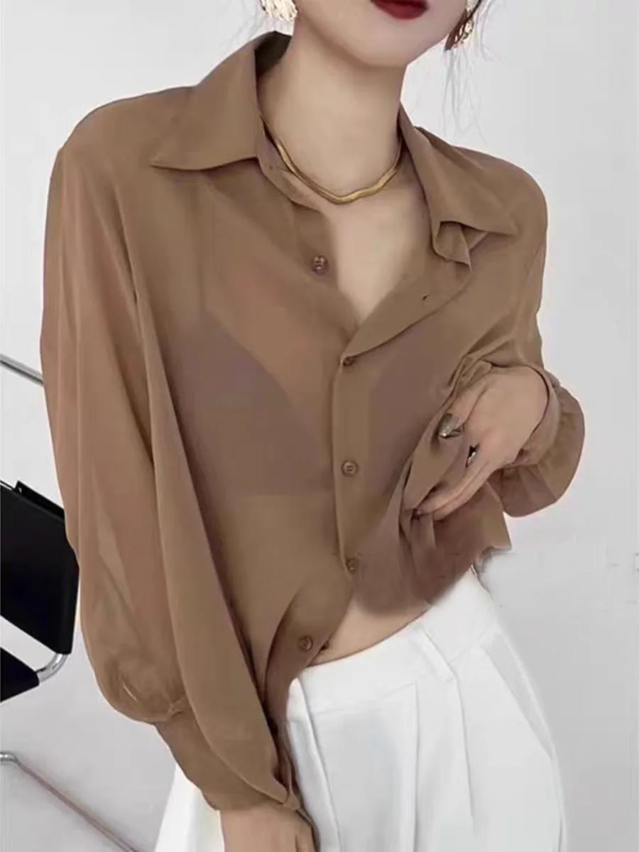Sun-proof Transparent Shirt Female Mesh Long Sleeve Top Solid Color