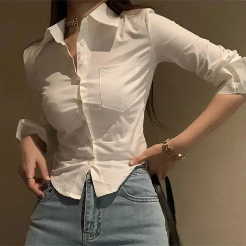 Korean White Office Women Chiffon Shirt Pocket Button Lapel Ladies