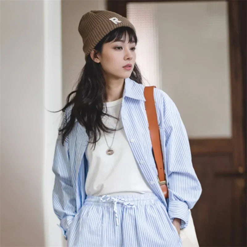 Maden Women's French Classic Blue and White Striped Shirts Oversized