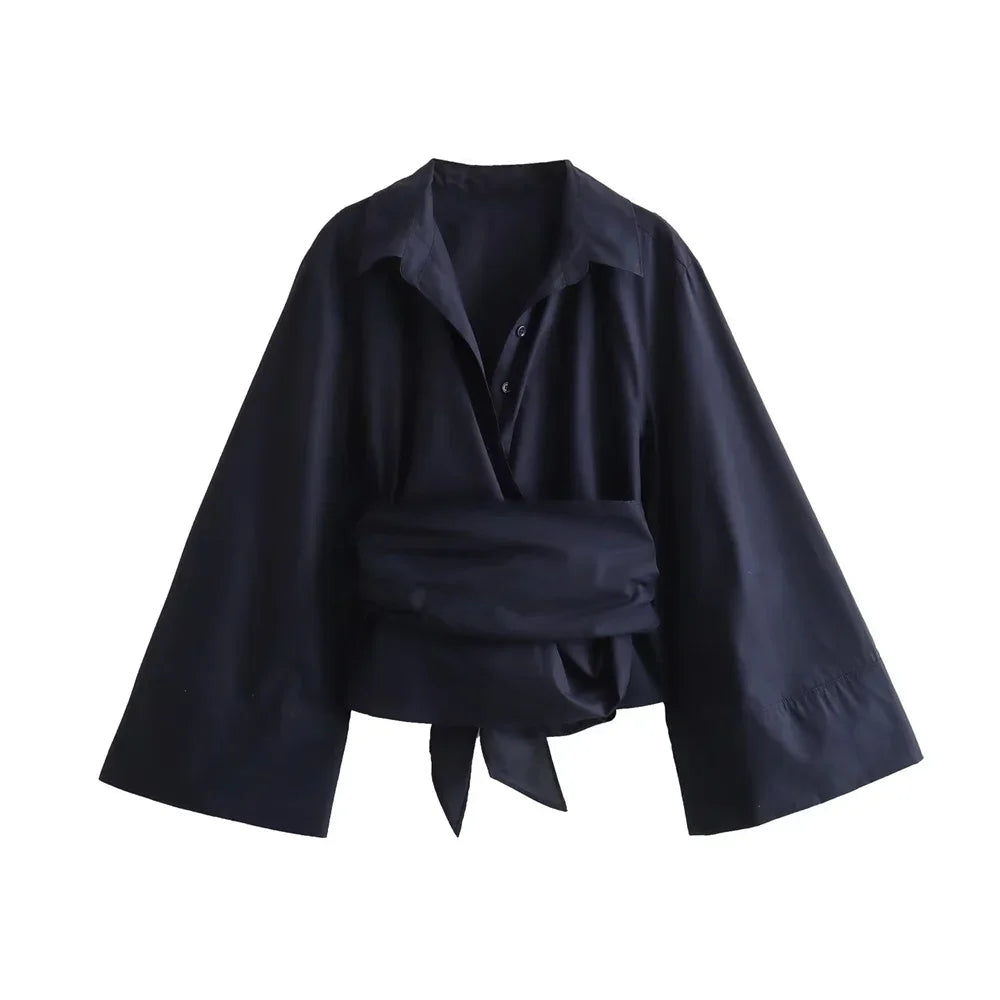 New Women's Fashion Casual Polo Neck Bow Tie up Short Edition Double
