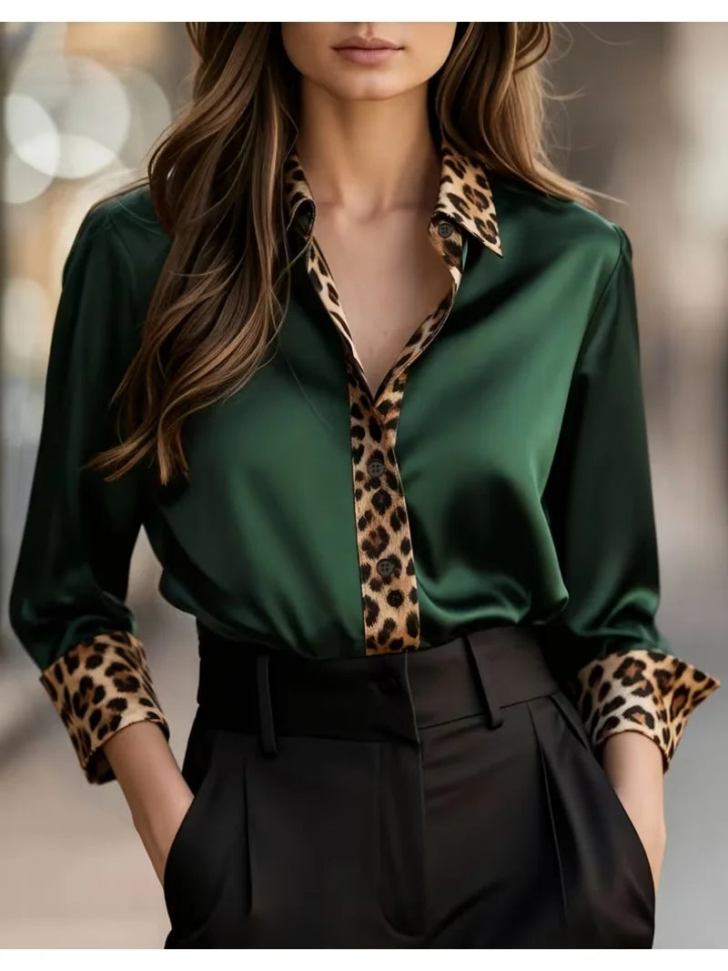 Elegant Long Sleeve Button Down Shirt with Leopard Print Collar, Cuffs