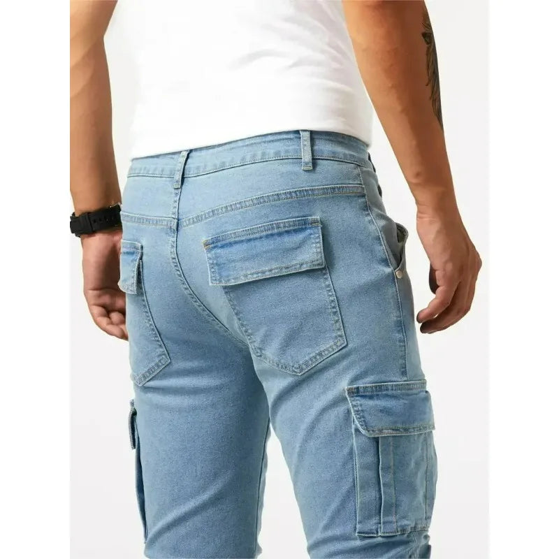 Street Elastic Jeans Men Denim Cargo Pants Wash Solid Color Multi
