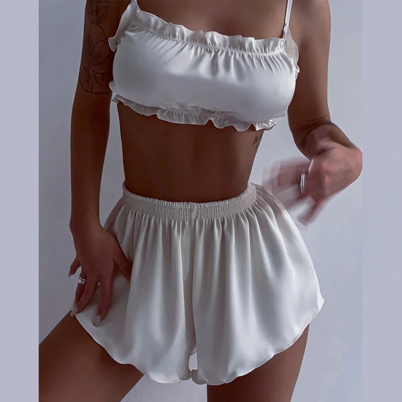 Women Pyjamas Suit Lace Up Ruffles Sexy Crop Top Pajama Tank Tops Crop