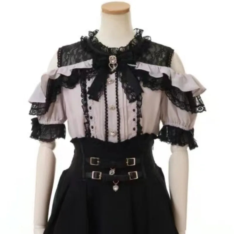 Summer Japanese Sweet Lolita Blouses Women Elegant Love Heart Bow Off