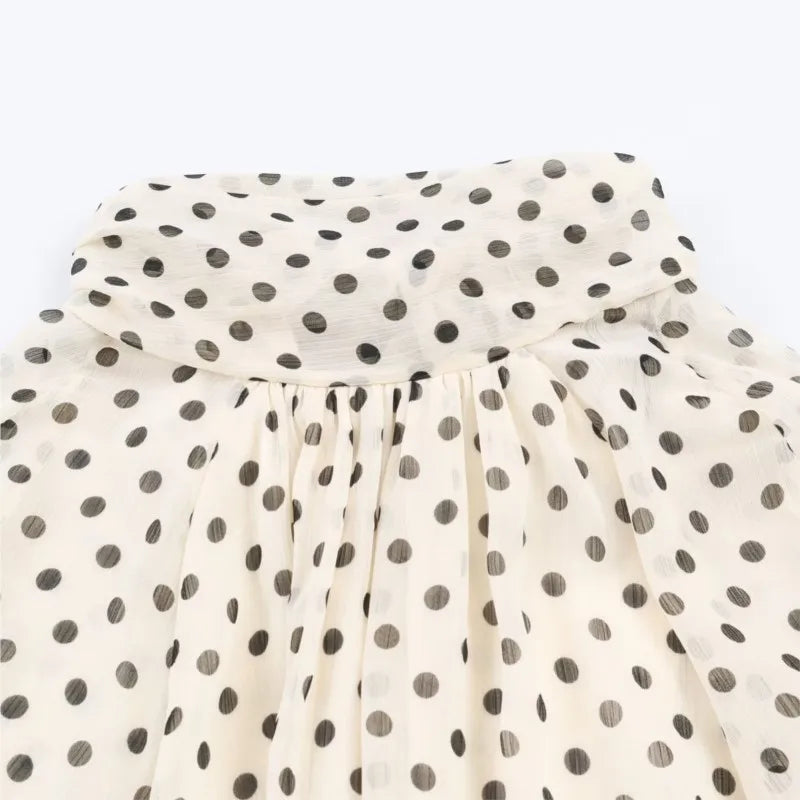 Women Polka Dot Print Blouse Casual High Collar Long Sleeve Lady Top