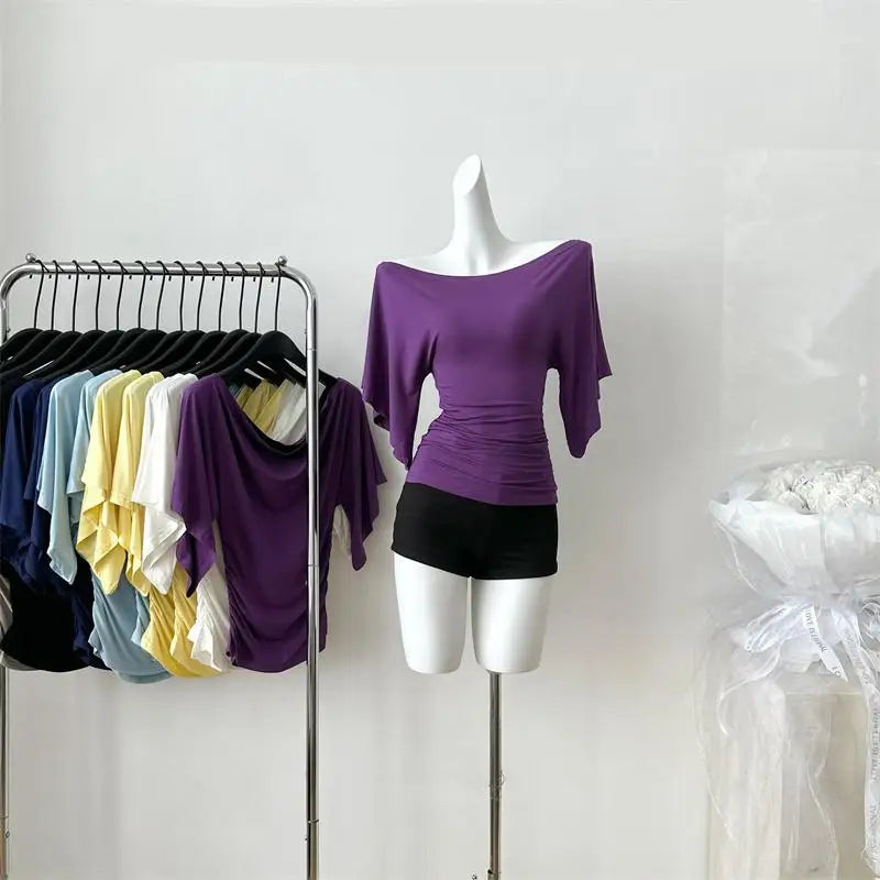 Women's Summer High Stretch Slash Neck Flare Sleeve Slim T Shirt Lady