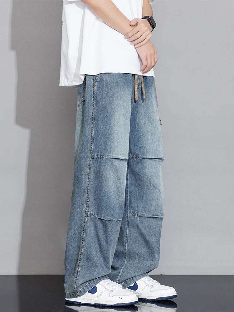 Men's Cargo Jeans 2026 New Spring Summer Wide Leg Denim Pants Straight