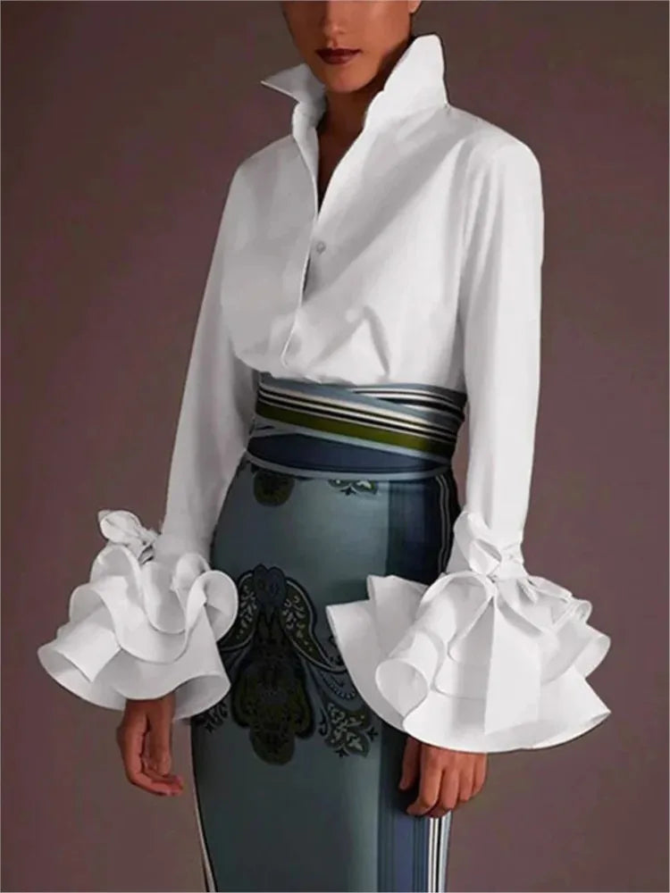 Women Elegant Flared Sleeves Falbala Blouses Tops Spring Autumn New