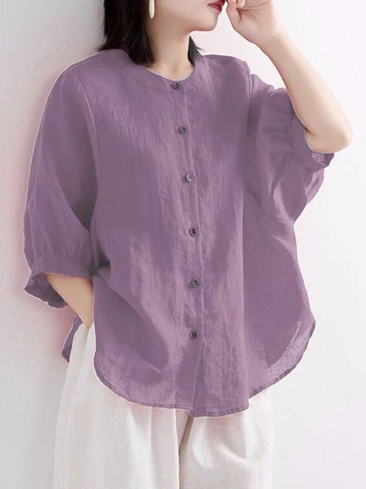 ZOKI Casual Cotton Linen Shirts Oversize Summer Lantern Half Sleeve