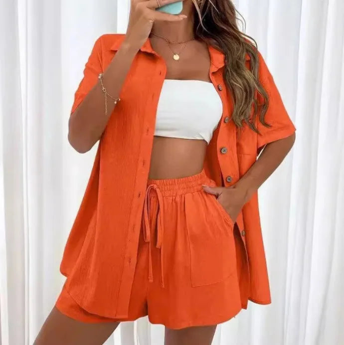 2 Pieces Women Sets Summer Solid Color Short Sleeve Open Stitch Button