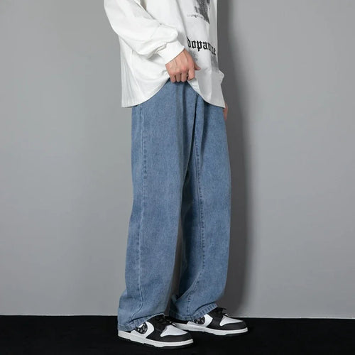New Korean Men's Casual Long Jeans Classic Man Straight Denim Wide-leg